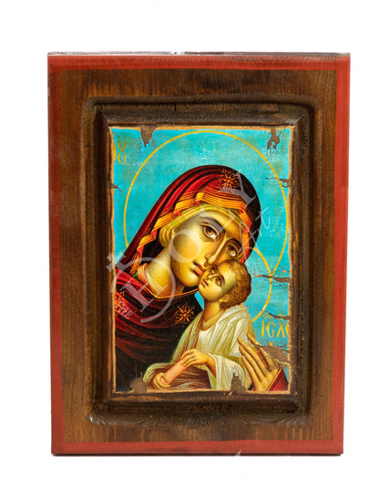 Virgin Mary icon Panagia, Handmade Greek Orthodox Icon of Mother of God, Theotokos Byzantine art wall hanging wood plaque on canvas 49x29cm - TheHolyArt