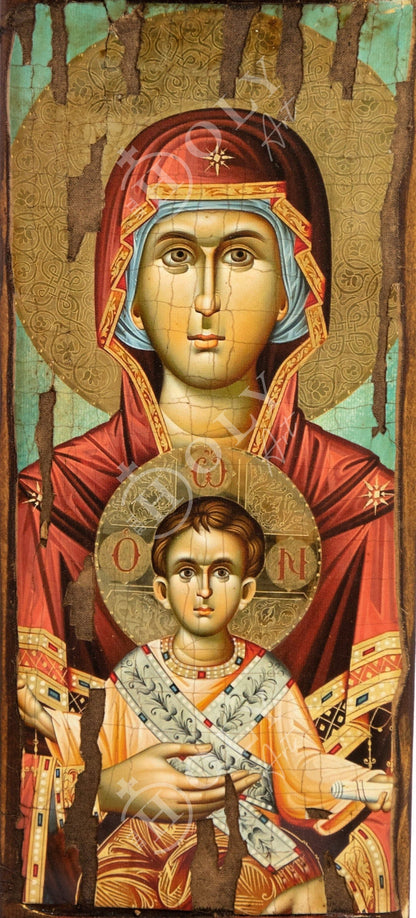 Virgin Mary icon Panagia, Handmade Greek Orthodox Icon of Mother of God, Theotokos Byzantine art wall hanging wood plaque on canvas 40x14cm - TheHolyArt