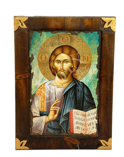 Jesus Christ icon Pantocrator, Handmade Greek Orthodox icon, Byzantine art wall hanging canvas wood plaque 40x29cm, wedding gift - TheHolyArt