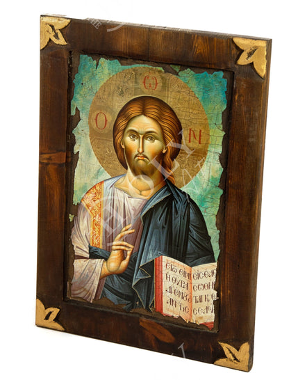 Jesus Christ icon Pantocrator, Handmade Greek Orthodox icon, Byzantine art wall hanging canvas wood plaque 40x29cm, wedding gift - TheHolyArt