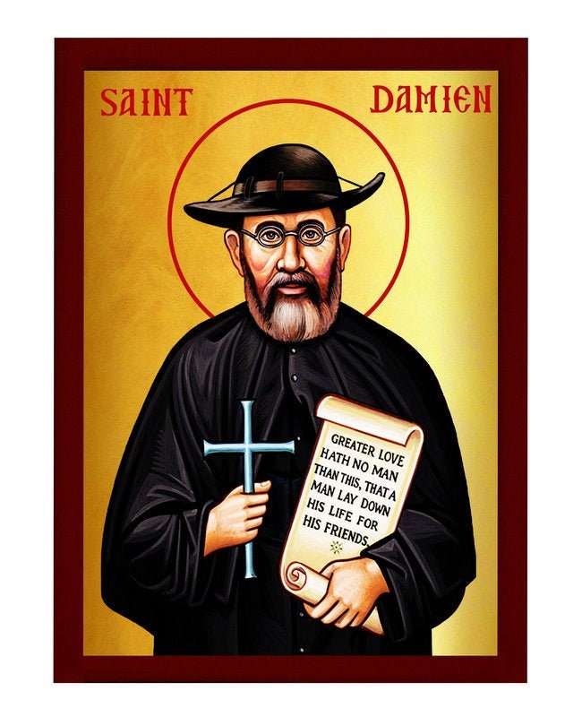 Saint Damien icon, Handmade Greek Catholic icon of St Damien Molokai Leper art wall hanging of the Damien Leper wood plaque, religious decor TheHolyArt