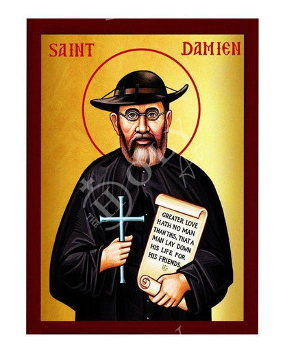 Saint Damien icon, Handmade Greek Catholic icon of St Damien Molokai Leper art wall hanging of the Damien Leper wood plaque, religious decor - TheHolyArt
