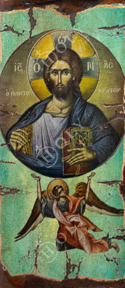 Jesus Christ icon Pantocrator, Handmade Greek Orthodox icon, Byzantine art wall hanging canvas icon wood plaque 40x14cm, wedding gift - TheHolyArt