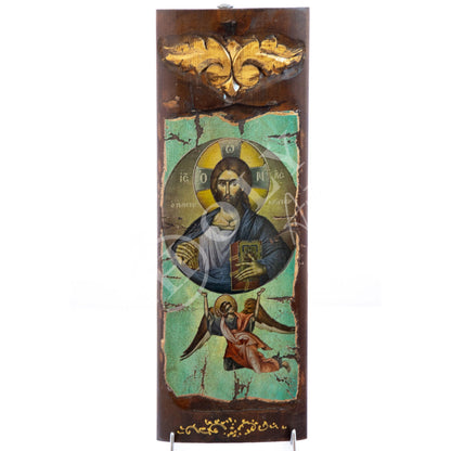 Jesus Christ icon Pantocrator, Handmade Greek Orthodox icon, Byzantine art wall hanging canvas icon wood plaque 40x14cm, wedding gift - TheHolyArt