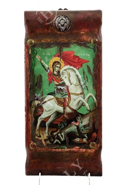 Saint George icon, Handmade Greek Orthodox icon of St George, Byzantine art wall hanging canvas icon on wood plaque 38x18cm, wedding gift - TheHolyArt