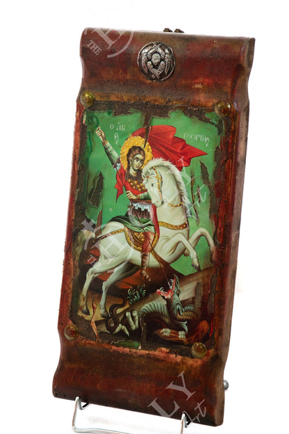 Saint George icon, Handmade Greek Orthodox icon of St George, Byzantine art wall hanging canvas icon on wood plaque 38x18cm, wedding gift - TheHolyArt