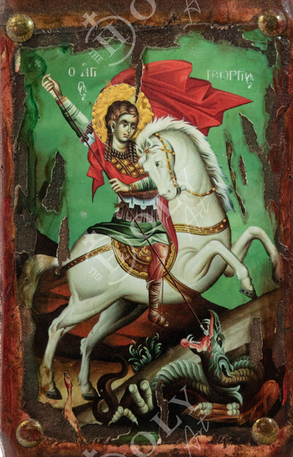 Saint George icon, Handmade Greek Orthodox icon of St George, Byzantine art wall hanging canvas icon on wood plaque 38x18cm, wedding gift - TheHolyArt