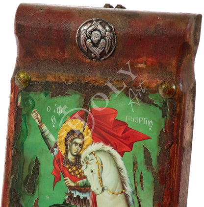 Saint George icon, Handmade Greek Orthodox icon of St George, Byzantine art wall hanging canvas icon on wood plaque 38x18cm, wedding gift - TheHolyArt