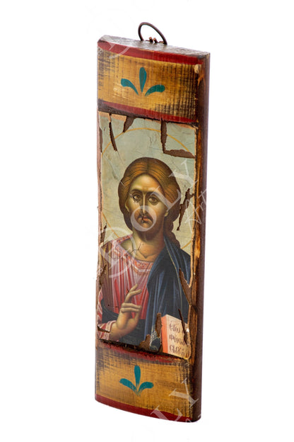 Jesus Christ icon, Handmade Greek Orthodox icon of our Lord, Byzantine art wall hanging canvas icon wood plaque 30x9cm, wedding gift - TheHolyArt