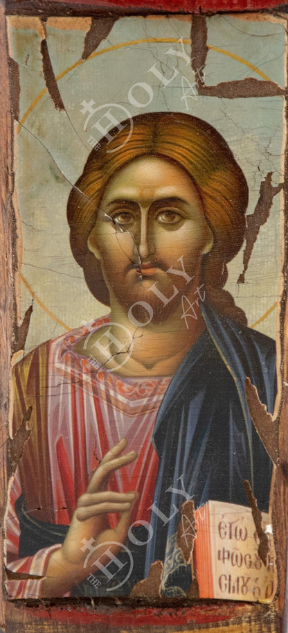 Jesus Christ icon, Handmade Greek Orthodox icon of our Lord, Byzantine art wall hanging canvas icon wood plaque 30x9cm, wedding gift - TheHolyArt