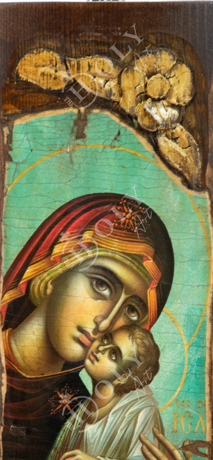 Virgin Mary icon Panagia, Handmade Greek Orthodox icon of Theotokos, Mother of God Byzantine art wall hanging canvas wood plaque 40x13cm - TheHolyArt