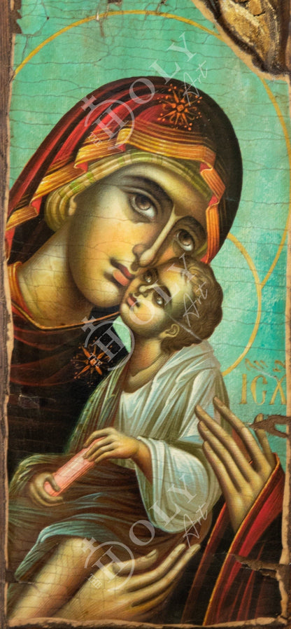 Virgin Mary icon Panagia, Handmade Greek Orthodox icon of Theotokos, Mother of God Byzantine art wall hanging canvas wood plaque 40x13cm - TheHolyArt