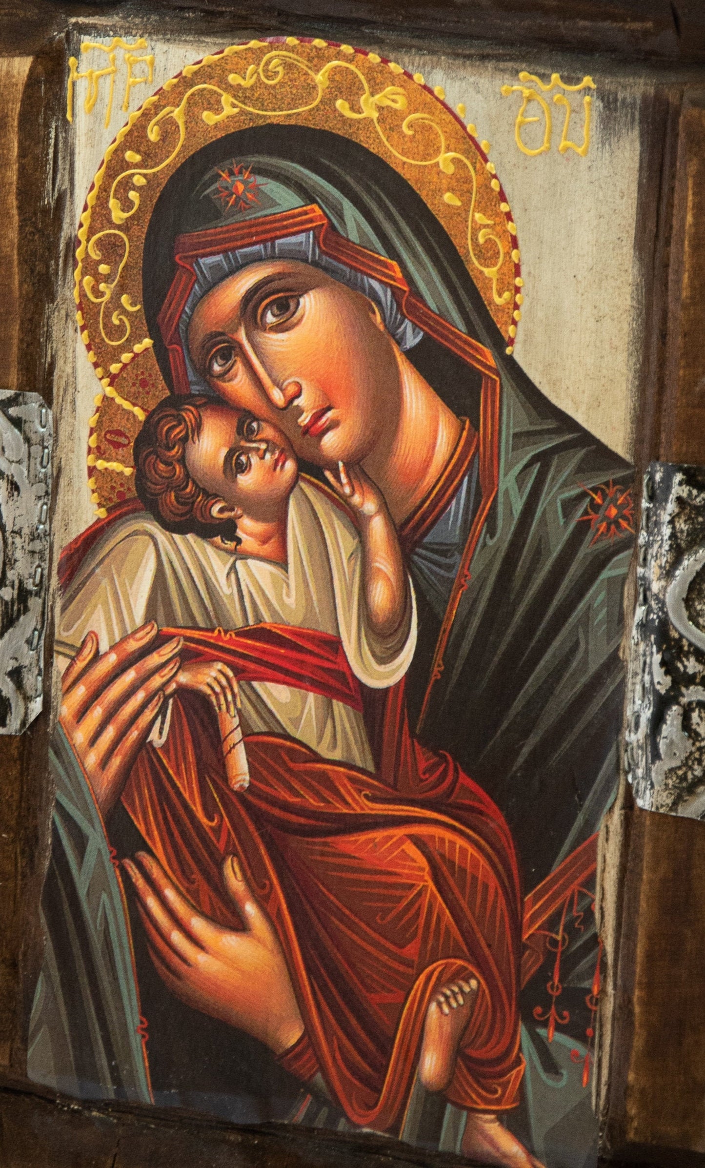 Virgin Mary icon Panagia, Handmade Greek Orthodox icon Theotokos, Mother of God Byzantine art wall hanging wood plaque, wedding gift 30x20cm TheHolyArt