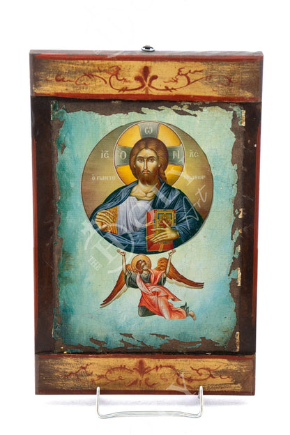 Jesus Christ icon Pantocrator, Handmade Greek Orthodox icon of our Lord, Byzantine art wall hanging canvas icon wood plaque 38x24cm - TheHolyArt