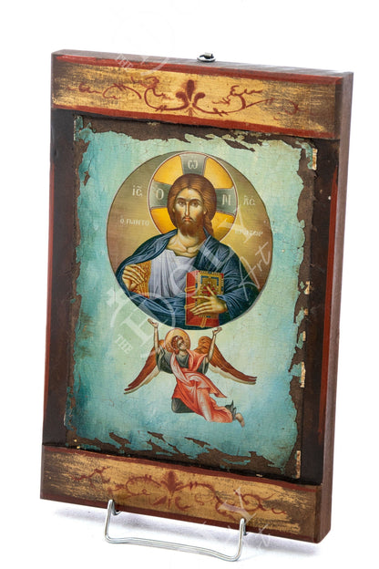 Jesus Christ icon Pantocrator, Handmade Greek Orthodox icon of our Lord, Byzantine art wall hanging canvas icon wood plaque 38x24cm - TheHolyArt