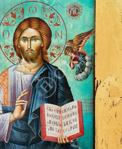 Jesus Christ icon, Handmade Greek Orthodox icon of Lord, Byzantine art wall hanging wood plaque canvas icon w gold leaf , wedding gift - TheHolyArt