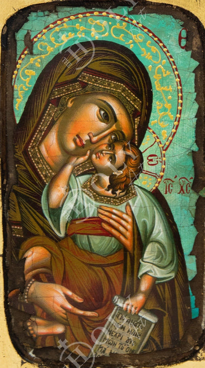 Virgin Mary icon, Handmade Greek Orthodox icon of Theotokos, Mother of God Byzantine art wall hanging canvas icon canvas w gold leaf 30x19cm - TheHolyArt