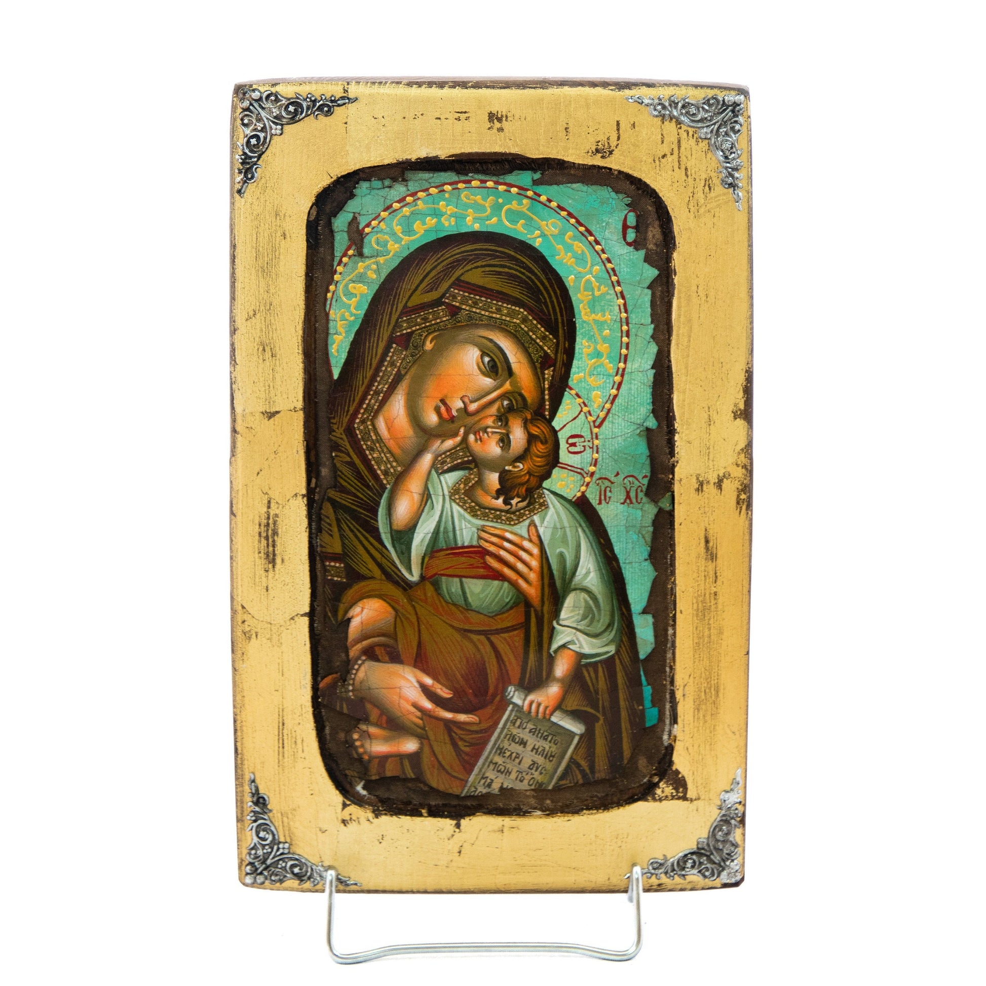 Virgin Mary icon, Handmade Greek Orthodox icon of Theotokos, Mother of God Byzantine art wall hanging canvas icon canvas w gold leaf 30x19cm TheHolyArt
