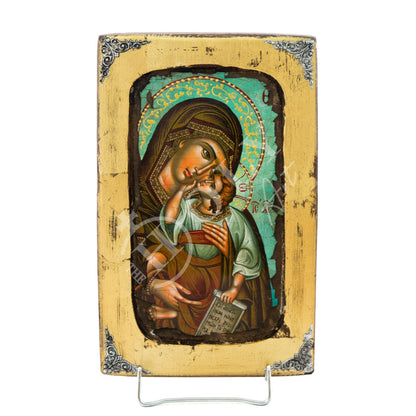 Virgin Mary icon, Handmade Greek Orthodox icon of Theotokos, Mother of God Byzantine art wall hanging canvas icon canvas w gold leaf 30x19cm - TheHolyArt