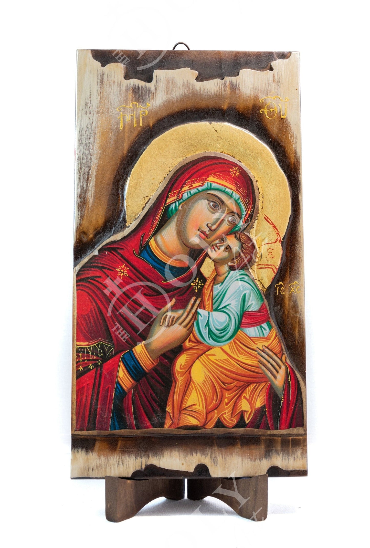 Virgin Mary icon, Handmade Greek Orthodox icon of Theotokos, Mother of God Byzantine art wall hanging wood canvas icon, wedding gift 51x27cm TheHolyArt