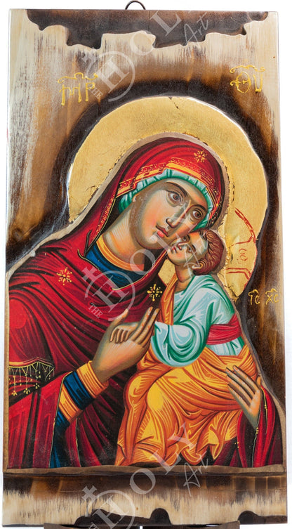 Virgin Mary icon, Handmade Greek Orthodox icon of Theotokos, Mother of God Byzantine art wall hanging wood canvas icon, wedding gift 51x27cm - TheHolyArt