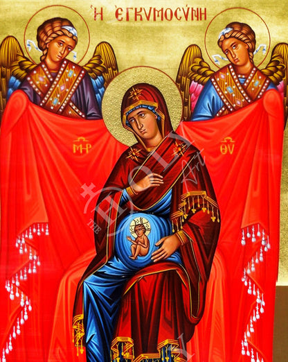 Virgin Mary icon Panagia in Pregnancy, Handmade Greek Orthodox Icon, Mother of God Byzantine art, Theotokos wall hanging wood plaque - TheHolyArt