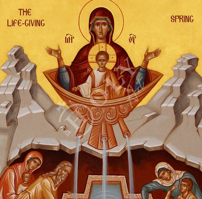 Virgin Mary icon Panagia Life Giving Spring, Handmade Greek Orthodox Icon, Mother of God Byzantine art, Theotokos wall hanging wood plaque - TheHolyArt