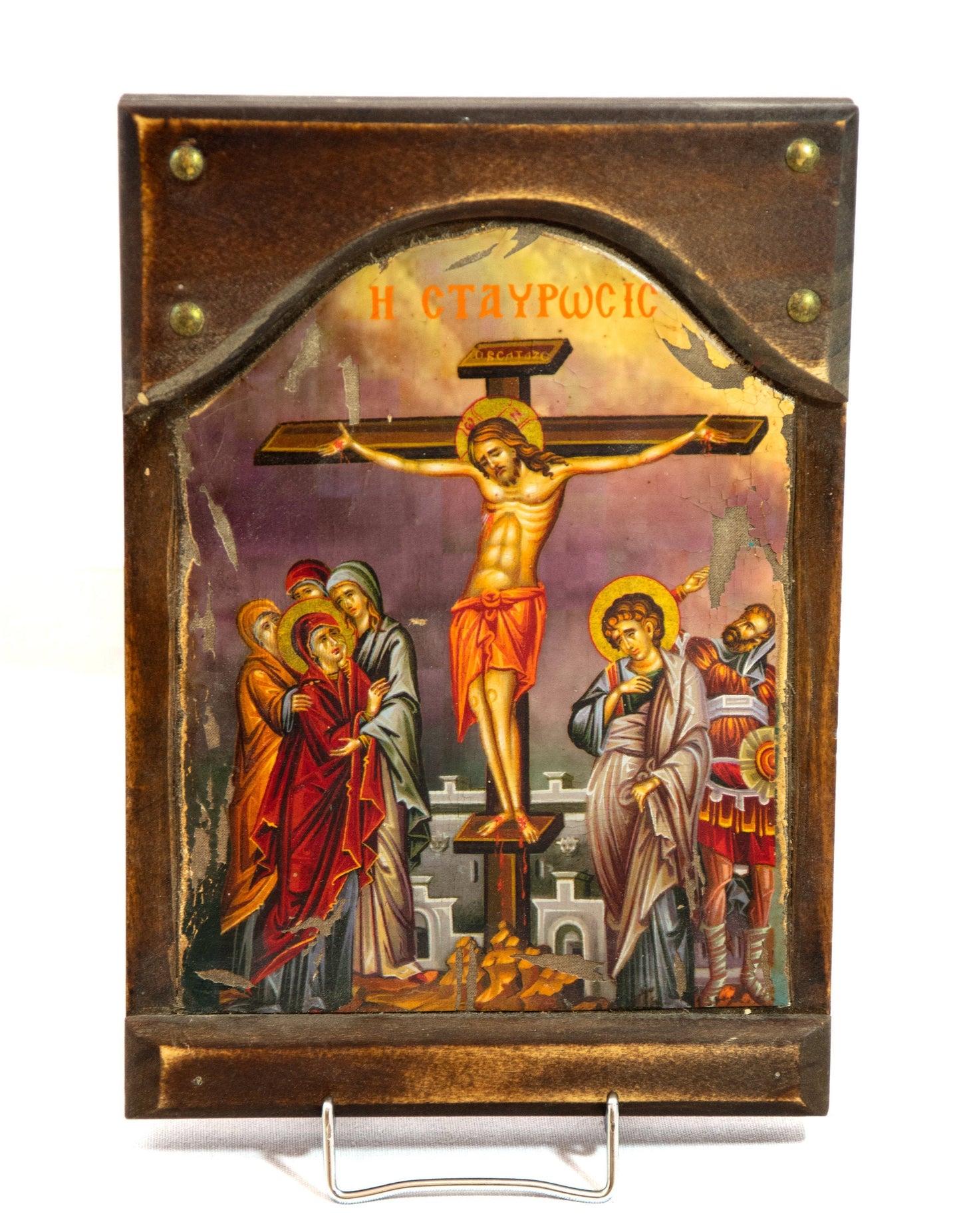 The Crucifixion icon, Jesus Christ Holy Cross handmade Greek Orthodox icon, Byzantine art wall hanging canvas icon on wood plaque 30x21cm TheHolyArt