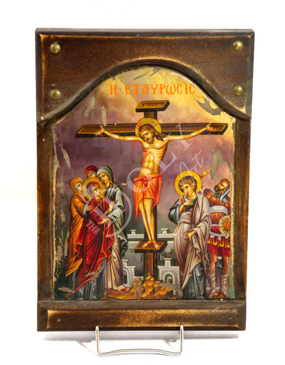 The Crucifixion icon, Jesus Christ Holy Cross handmade Greek Orthodox icon, Byzantine art wall hanging canvas icon on wood plaque 30x21cm - TheHolyArt