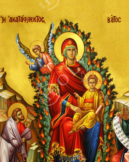 Virgin Mary icon Burning Bush, Handmade Greek Orthodox Icon, Mother of God Unburnt Bush Byzantine art, Theotokos wall hanging wood plaque - TheHolyArt