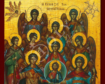 Synaxis of the Archangels icon, Handmade Greek Orthodox Icon of the Gathering of the Archangels, Byzantine art wall hanging wood plaque - TheHolyArt