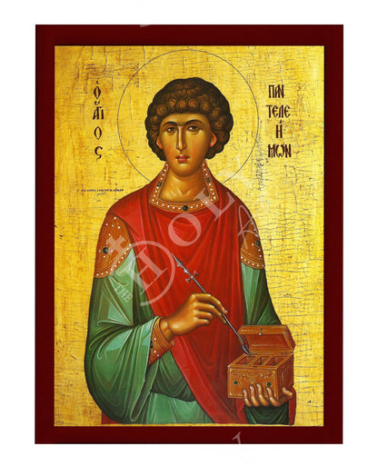 Saint Panteleimon icon, Greek Handmade Orthodox icon of Saint Pantaleon, Byzantine art wall hanging of San Pantaleone, religious gift - TheHolyArt