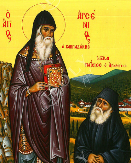 Saint Paisios & Saint Arsenios icon, Handmade Greek Orthodox icon, Byzantine art wall hanging on wood plaque, religious decor - TheHolyArt