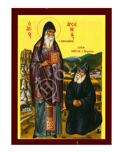 Saint Paisios & Saint Arsenios icon, Handmade Greek Orthodox icon, Byzantine art wall hanging on wood plaque, religious decor - TheHolyArt