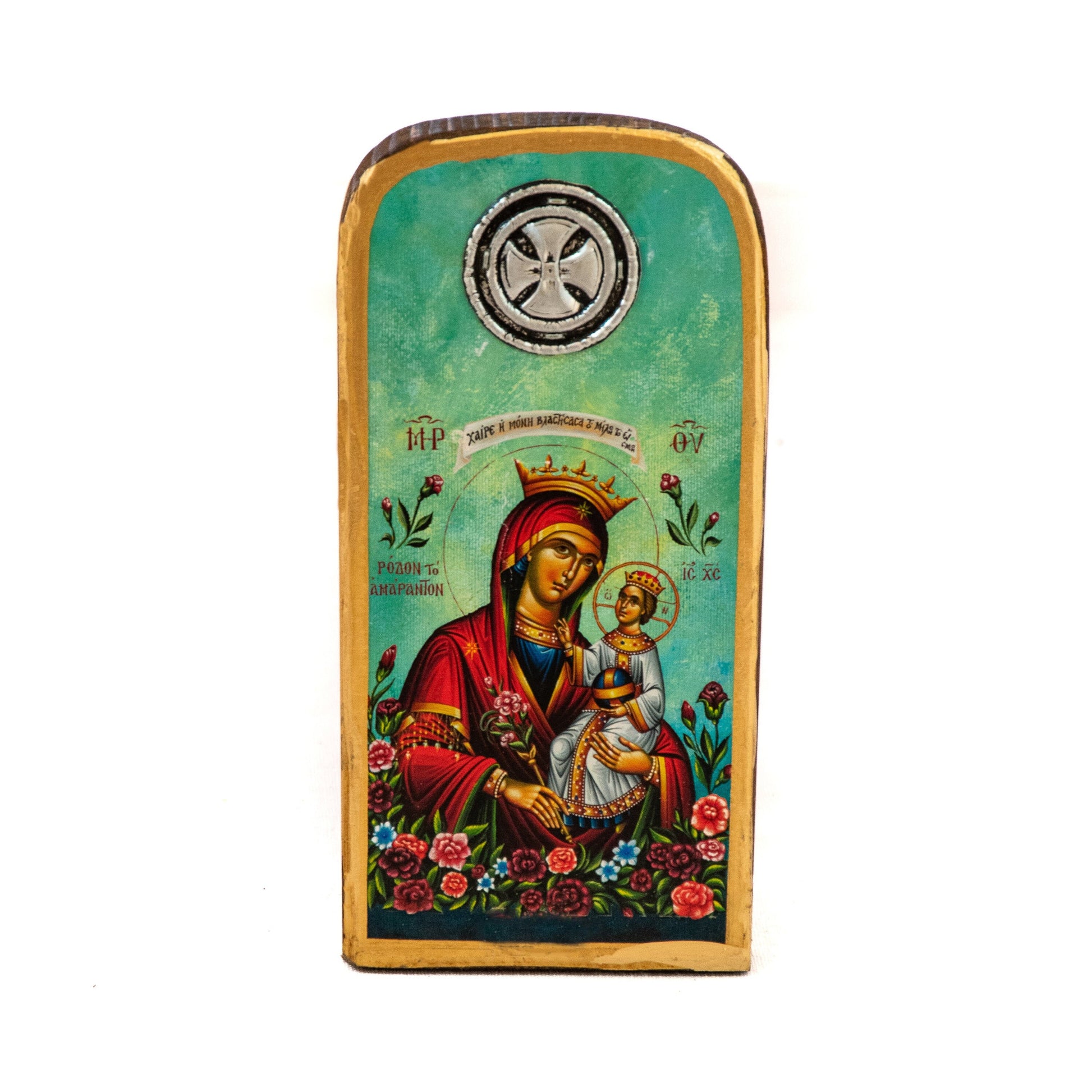 Virgin Mary icon Rose Amaranth, Handmade Greek Orthodox icon Theotokos, Mother of God Byzantine art wall hanging wood plaque, wedding gift TheHolyArt