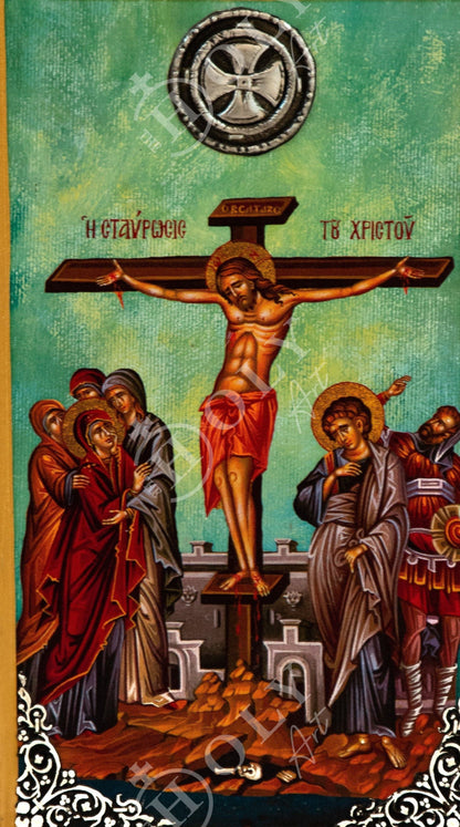 The Crucifixion, Handmade Greek Orthodox icon Crucifix, Holy Cross Byzantine art wall hanging icon wood plaque, religious decor - TheHolyArt