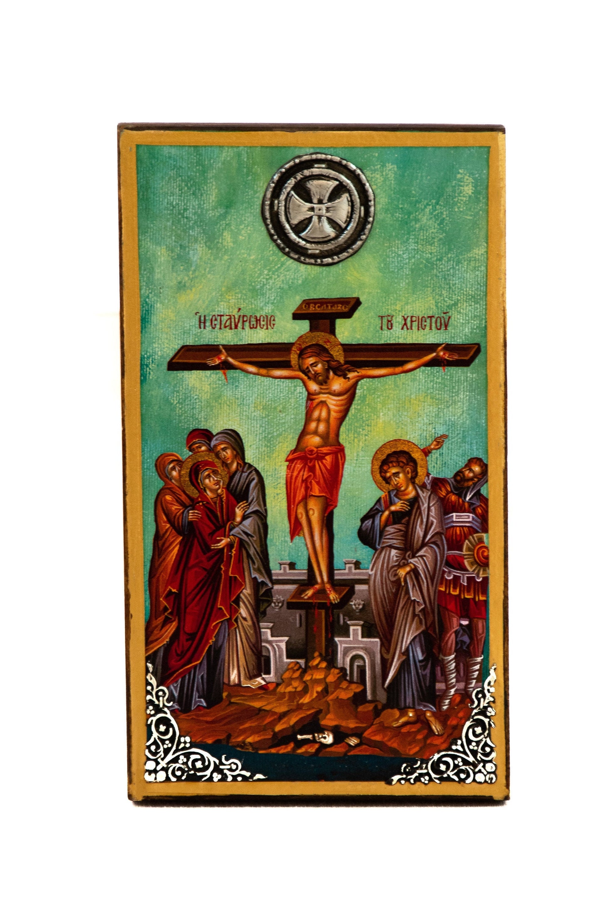 The Crucifixion, Handmade Greek Orthodox icon Crucifix, Holy Cross  Byzantine art wall hanging icon wood plaque, religious decor