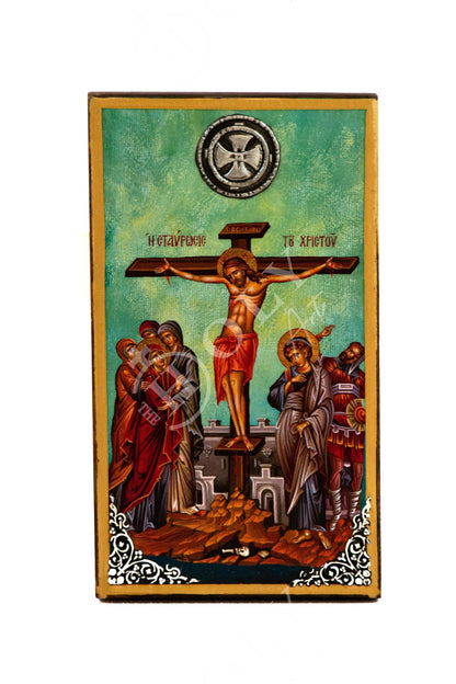 The Crucifixion, Handmade Greek Orthodox icon Crucifix, Holy Cross Byzantine art wall hanging icon wood plaque, religious decor - TheHolyArt
