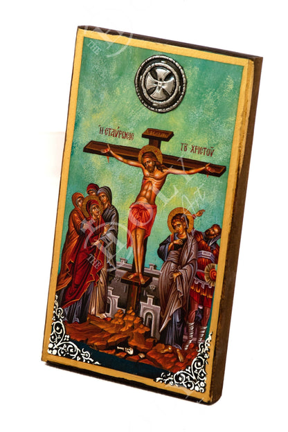 The Crucifixion, Handmade Greek Orthodox icon Crucifix, Holy Cross Byzantine art wall hanging icon wood plaque, religious decor - TheHolyArt