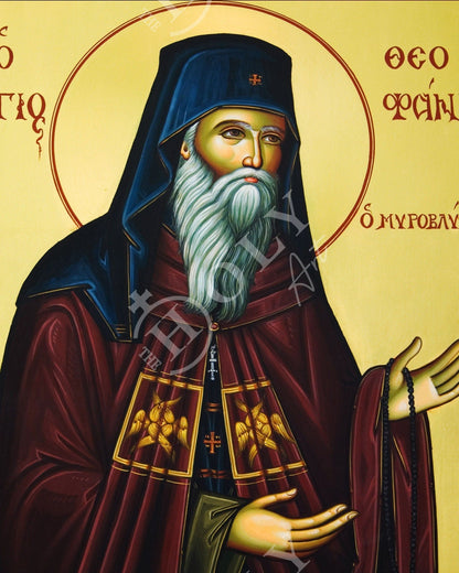 Saint Theophanes icon, Handmade Greek Orthodox icon St Theofanes Myrovlytis, Byzantine art wall hanging on wood plaque icon, religious decor - TheHolyArt