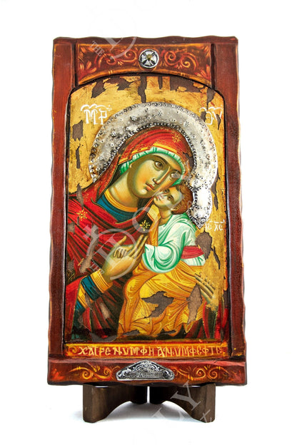 Virgin Mary icon Panagia, Handmade Greek Orthodox icon of Theotokos, Mother of God Byzantine art wall hanging canvas icon gold leaf 51x28cm - TheHolyArt