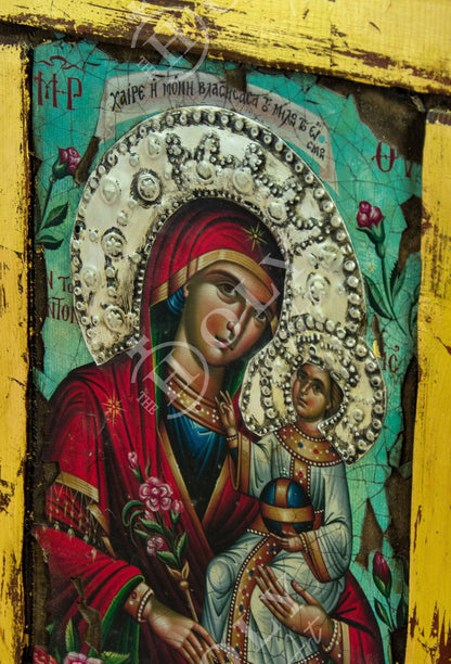 Virgin Mary icon Panagia, Handmade Greek Orthodox icon Theotokos, Mother of God Byzantine art wall hanging canvas icon, wedding gift 44x29cm - TheHolyArt