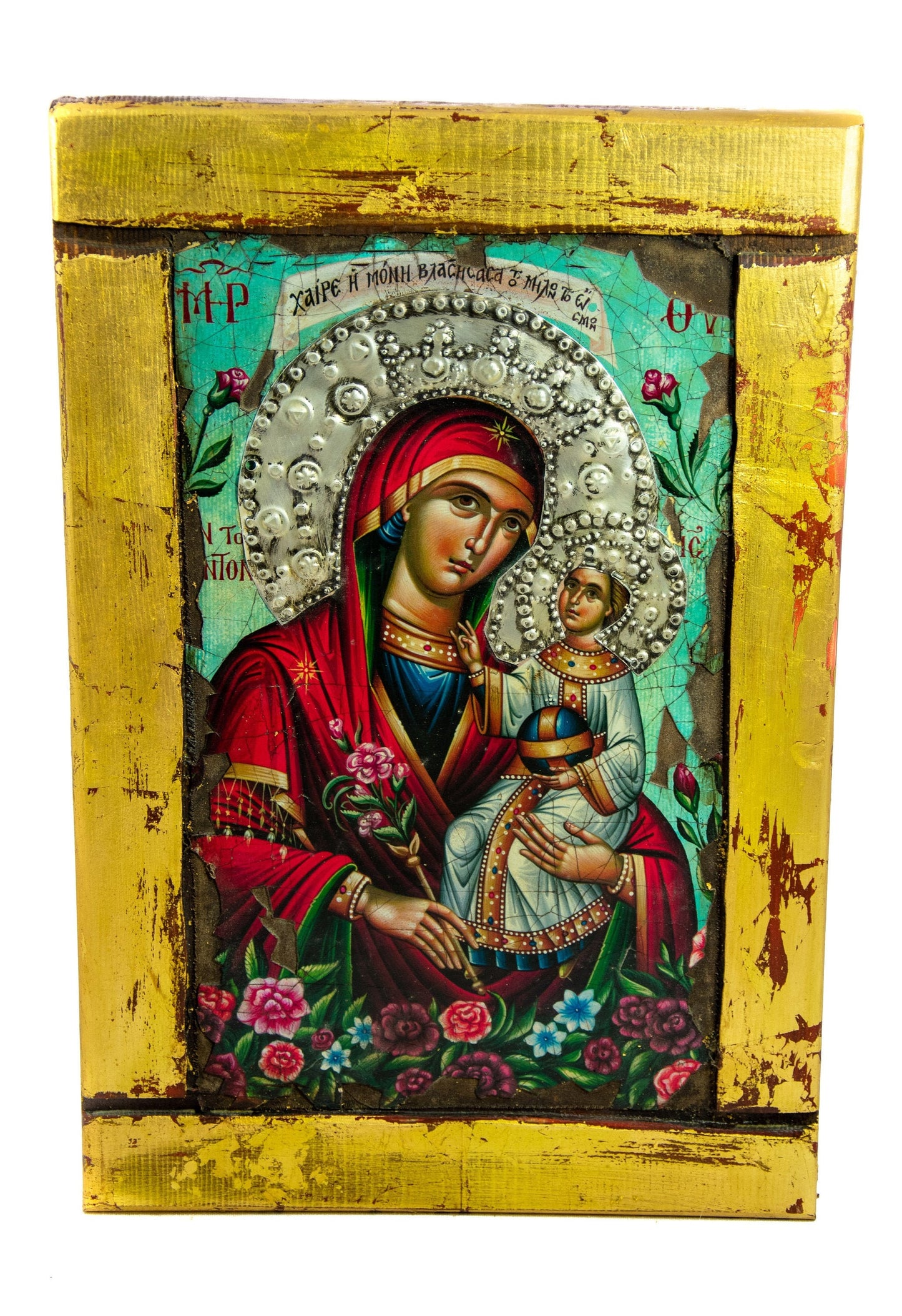 Virgin Mary icon Panagia, Handmade Greek Orthodox icon Theotokos, Mother of God Byzantine art wall hanging canvas icon, wedding gift 44x29cm TheHolyArt