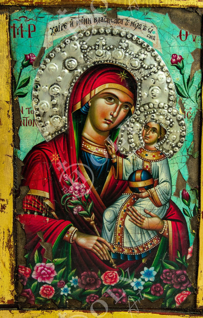 Virgin Mary icon Panagia, Handmade Greek Orthodox icon Theotokos, Mother of God Byzantine art wall hanging canvas icon, wedding gift 44x29cm - TheHolyArt