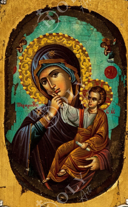 Virgin Mary icon, Handmade Greek Orthodox icon of Theotokos, Mother of God Byzantine art wall hanging wood canvas icon gold leaf 18x14cm - TheHolyArt