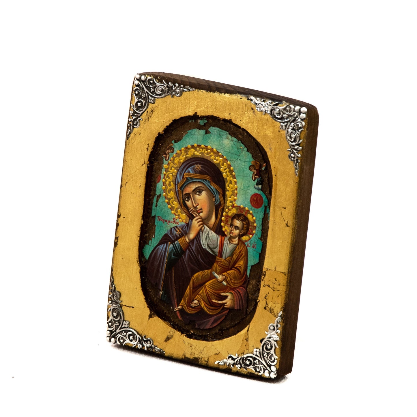 Virgin Mary icon, Handmade Greek Orthodox icon of Theotokos, Mother of God Byzantine art wall hanging wood canvas icon gold leaf 18x14cm TheHolyArt