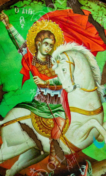 Saint George icon, Handmade Greek Orthodox icon of St George, Byzantine art wall hanging canvas icon wood plaque 37x24cm, religious decor - TheHolyArt