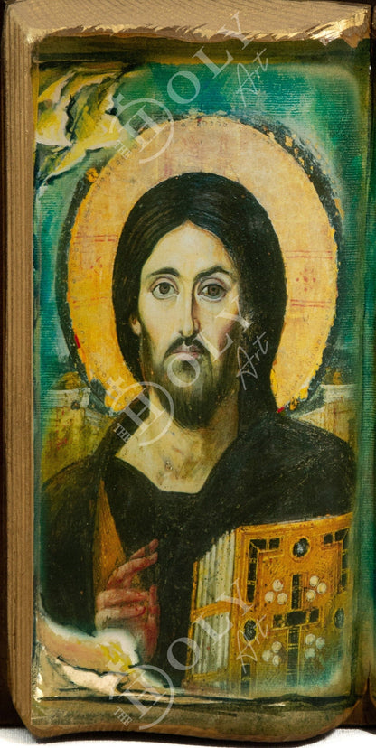 Jesus Christ icon, Handmade Greek Orthodox icon of our Lord, Byzantine art wall hanging natural plaque icon 20x21cm, religious gift - TheHolyArt