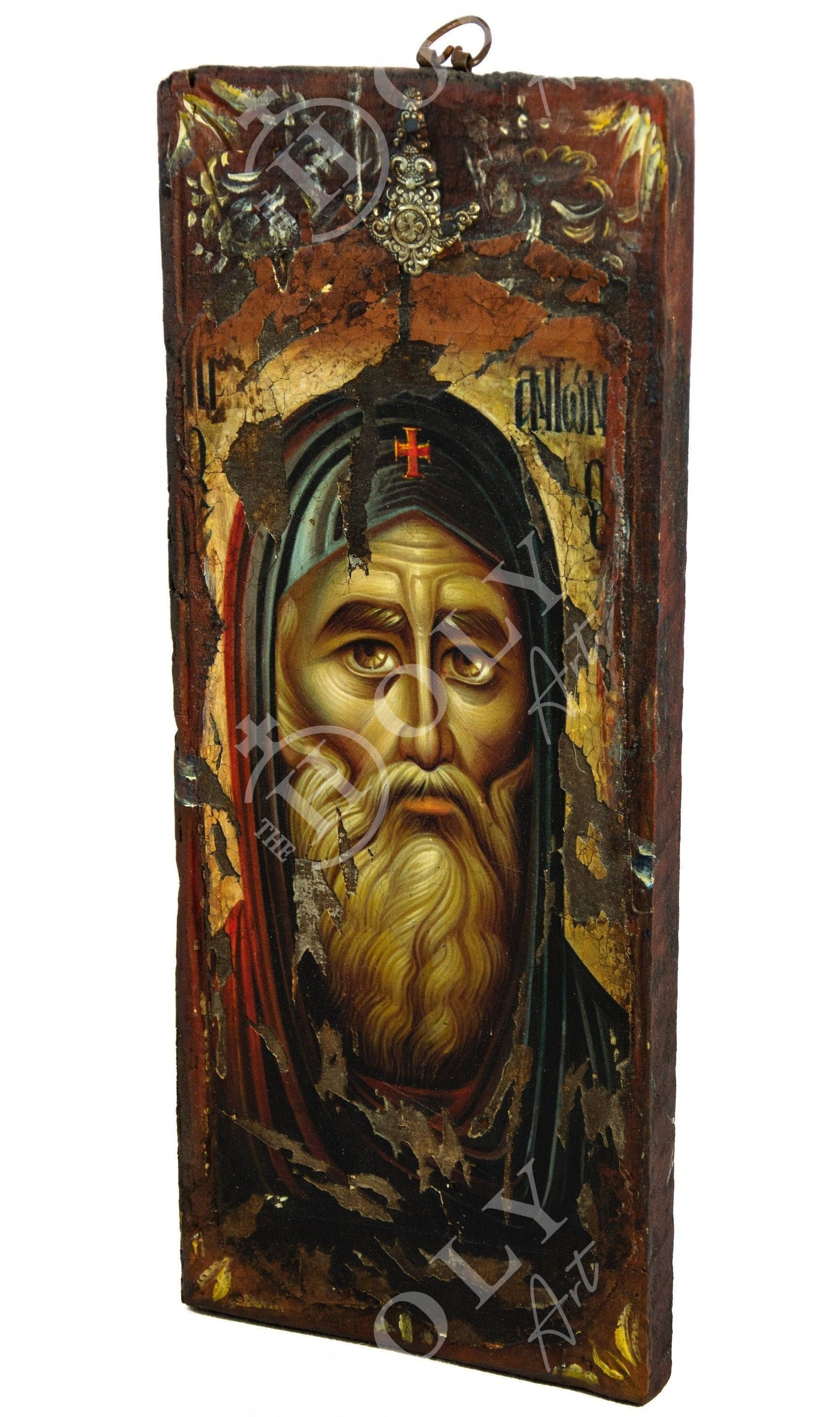 Saint Anthony icon, Handmade Greek Orthodox icon of Saint Antonius, Byzantine art wall hanging wood plaque canvas icon 42x17cm TheHolyArt