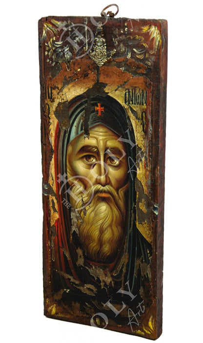 Saint Anthony icon, Handmade Greek Orthodox icon of Saint Antonius, Byzantine art wall hanging wood plaque canvas icon 42x17cm - TheHolyArt